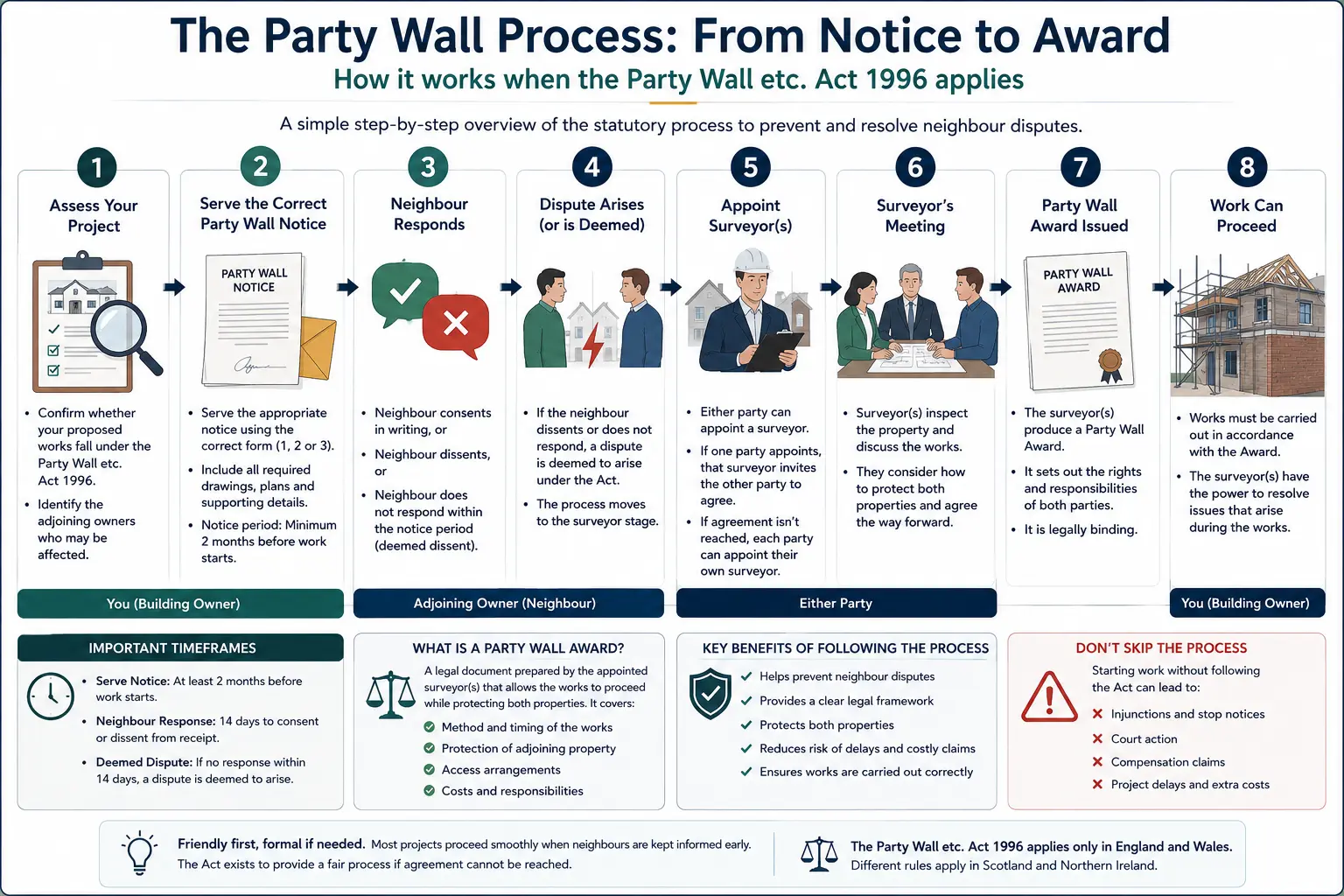 Do I Need a Party Wall Agreement? An infographic showing the party wall process from notice to award in a very interactive way for the citizens living in , UK