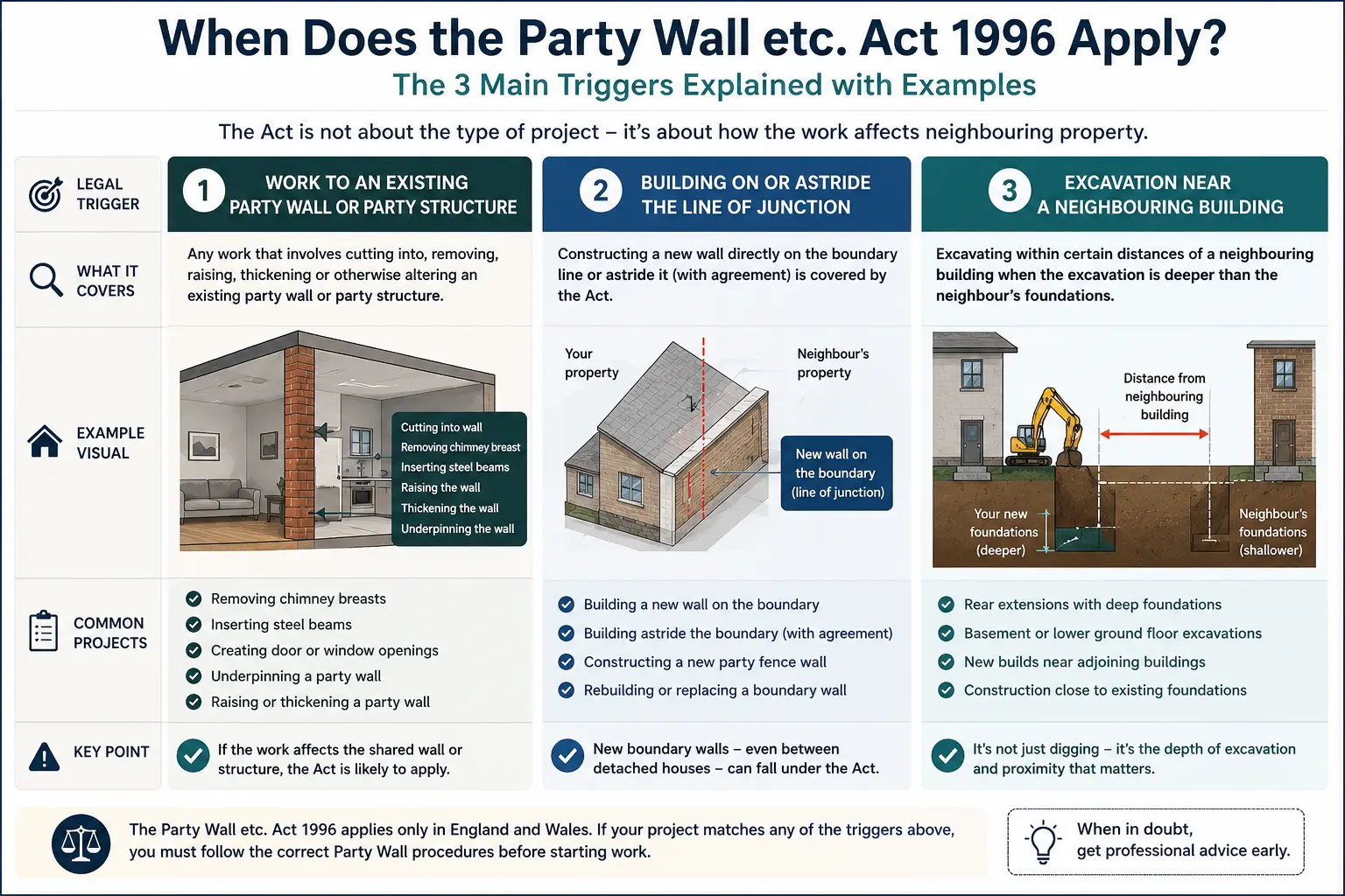 Do I Need a Party Wall Agreement? An infographic showing when does the party wall etc act 1996 apply like excavation, junction, painting, in , UK